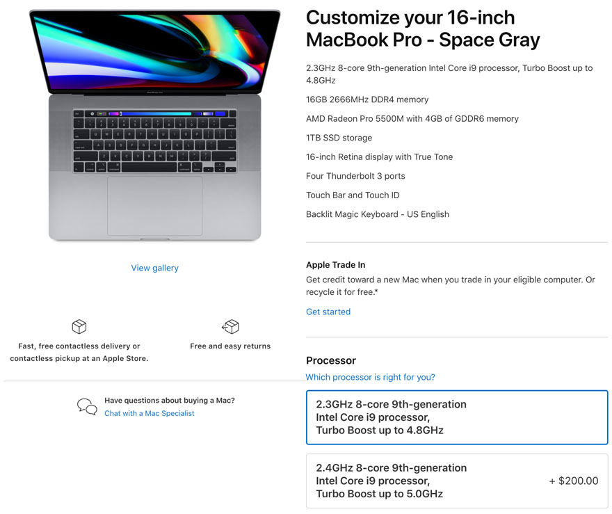 Apple MacBook Pro 16 8-core 9th generation Intel Core i9 CPU Options