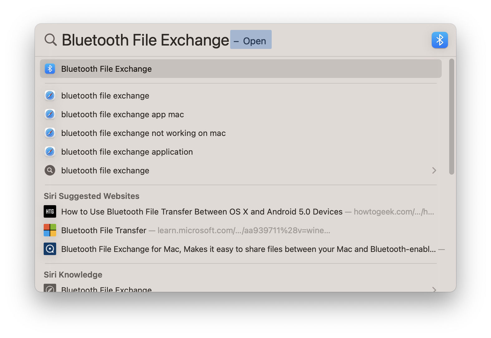 Spotlight Search Bluetooth File Exchange