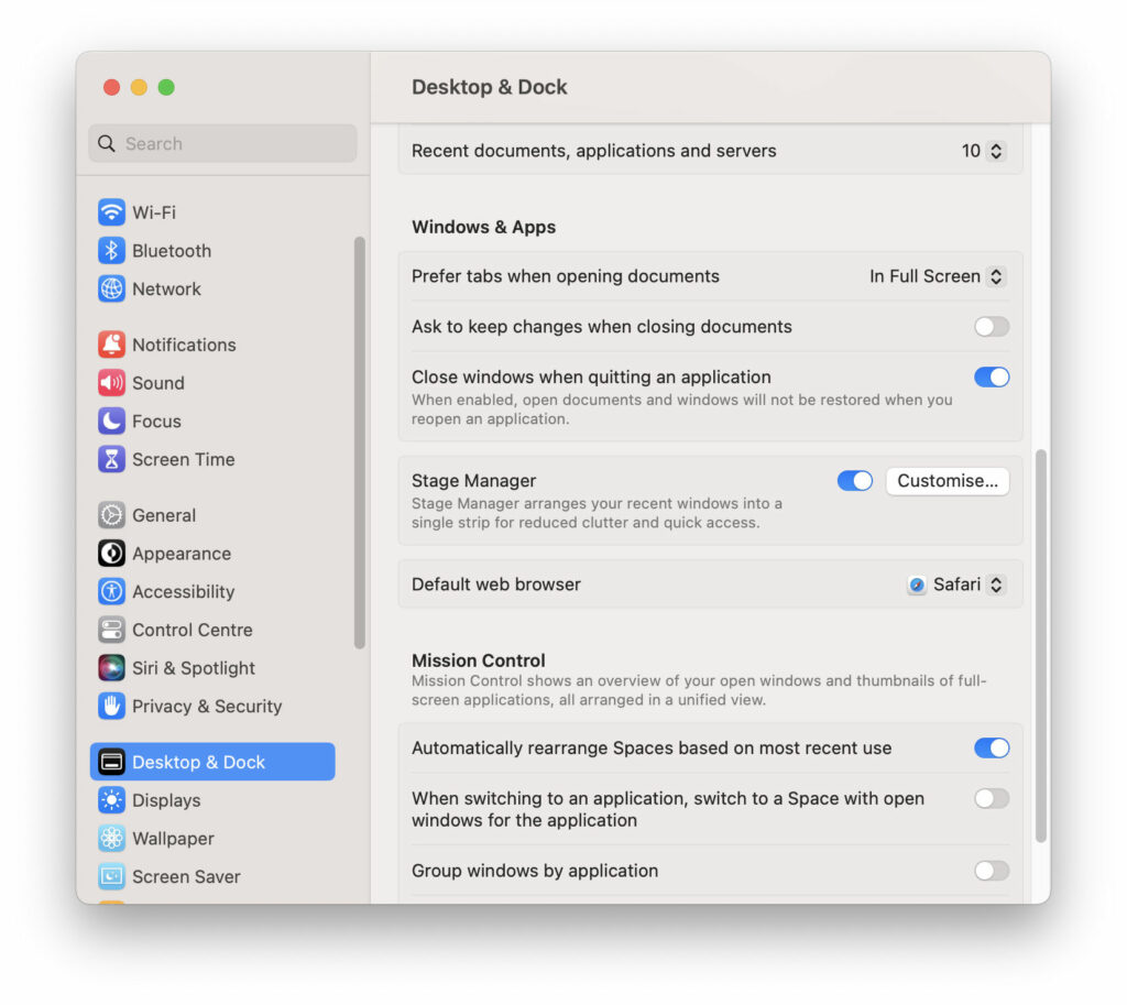 macOS Settings Desktop and Dock